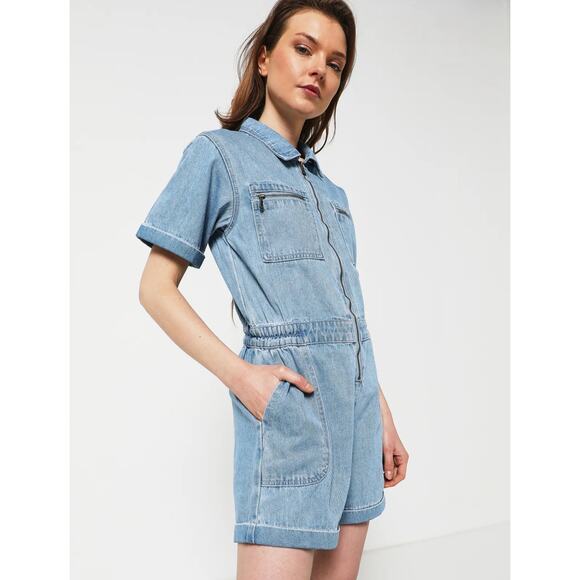 Molly Bracken Jeans Zip Up Romper Overalls Size M Medium Blue - Picture 10 of 10